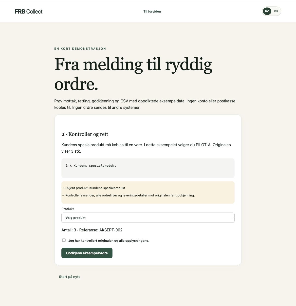 FRB Collect viser en fiktiv ordre til kontroll med produktmatching og varelinjer.